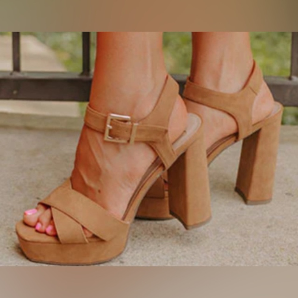 Camel/Tan High Heel Platform Suede Sandals - Size 8.5 - Picture 3 of 7
